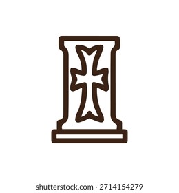 Minimalist vector icon featuring a unique brown outline cross enclosed in a classic pillar design representing religious and historical symbolism
