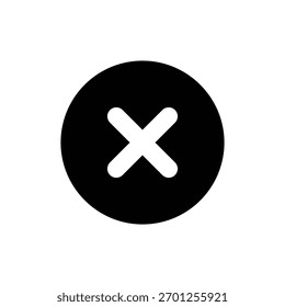 Icono de Vector minimalista con una marca de "X" blanca dentro de un círculo negro sólido, que simboliza funciones de cierre, Borrar, error o cancelación.