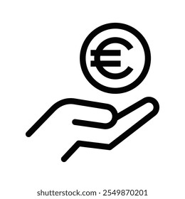 Vetor minimalista de uma mão segurando um símbolo do Euro, representando transações financeiras e pagamentos. Traçado editável.