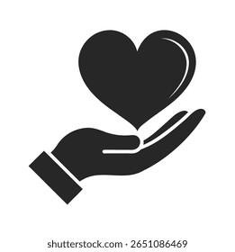 Icono de Vector minimalista de una mano sosteniendo un corazón sobre un fondo blanco.