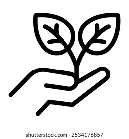 Minimalist vector icon of a hand nurturing a plant, representing environmental care, eco-friendliness, and sustainable development. Editable stroke.