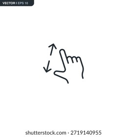 Minimalistisches Vektorsymbol einer Hand-Touch-Geste mit Pfeilen. Stellt Funktionen zum Vergrößern, Vergrößern, Vergrößern und Verkleinern von mobilen Designs und Apps dar