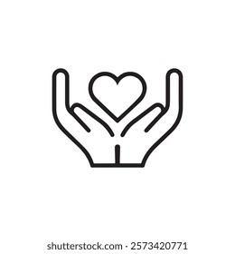 Minimalist vector icon of hands holding a heart symbolizing love care support and community perfect for wellness charity and healthcare designs.