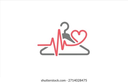 Minimalist vector icon of a hanger with a heartbeat line and heart symbol isolated on white background