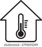 Minimalist vector icon of a house featuring a thermometer showing high temperature inside.