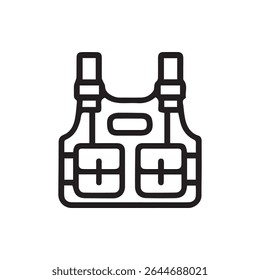 Ícone de vetor minimalista ilustrando um colete tático moderno comumente usado em aplicações militares e de aplicação da lei para proteção.