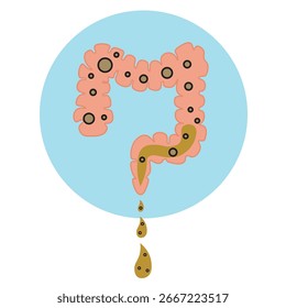 Ilustración de ícono de Vector minimalista sobre la incontinencia intestinal, que muestra síntomas clave como fugas, urgencia, enfermedades diarreicas como SII, enfermedad de Crohn y trastornos rectales.