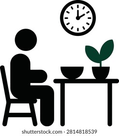 A minimalist vector icon illustration showing a human silhouette figure sitting on a chair at a table, preparing to eat or having a meal from a bowl. A wall clock showing time and a potted plant with green leaves decorate the background. This clean graphic design is perfect for representing healthy eating routines, lunchtime schedules, dining room interior decor, and daily habits.