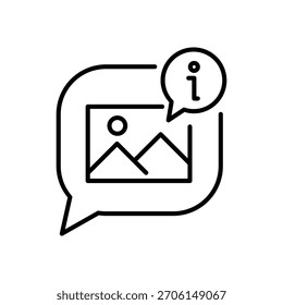 Minimalistisches Vektorsymbol eines Bildplatzhalters mit einem Alarm- oder Warnsymbol in einer Chatblase. Nützlich für Fehlerzustände oder Benachrichtigungen bei der Medienfreigabe.
