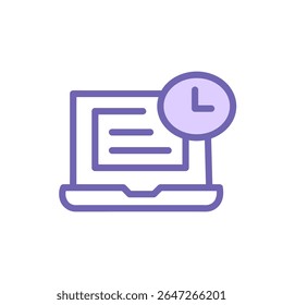 Minimalist vector icon of a laptop with a clock overlay, representing time management, productivity, remote work, and efficient scheduling. Designed in a soft purple outline style on a light backgroun