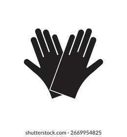 Um ícone vetorial minimalista de luvas de látex em um estilo preto sólido, definido contra um fundo branco limpo. Perfeito para temas de segurança, medicina, saúde e proteção.