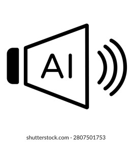 A minimalist vector icon of a loudspeaker emitting soundwaves integrated with AI text. Represents artificial intelligence in smart audio broadcasting, voice announcements, digital marketing automation