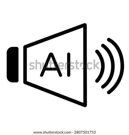 A minimalist vector icon of a loudspeaker emitting soundwaves integrated with AI text. Represents artificial intelligence in smart audio broadcasting, voice announcements, digital marketing automation