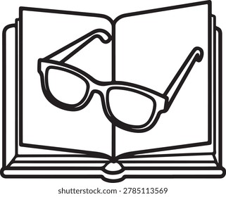 Minimalist vector icon of an open book displaying a pair of glasses inside, stylized and clean design.