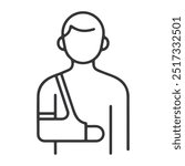 Minimalist vector icon of a person with an arm in a sling, representing injury or recovery. Perfect for medical, health, and safety-related designs.