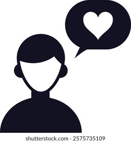 Minimalist vector icon of a person with a heart inside a speech bubble, representing love, affection, care, romance, positive emotions, kindness, and Valentine s Day