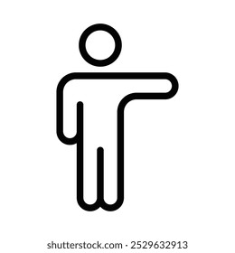 Minimalist vector icon of a person pointing sideways, symbolizing direction, guidance, or showing the way. Editable stroke