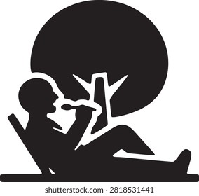 Minimalist vector icon of a person relaxing or reading while lying down under a large tree.