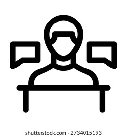 Icono de Vector minimalista de una persona sentada en un escritorio con burbujas de discurso en ambos lados. Representa el Servicio al cliente, la comunicación, la Asistencia o la negociación.