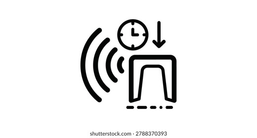 Minimalist vector icon of a person sitting on a chair with a clock above their head, showing a downward arrow, surrounded by wireless signal waves.