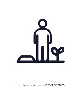 Minimalist vector icon of a person with a sprouting plant. Symbolizes gardening, agriculture, growth, new beginnings, and environmental stewardship.