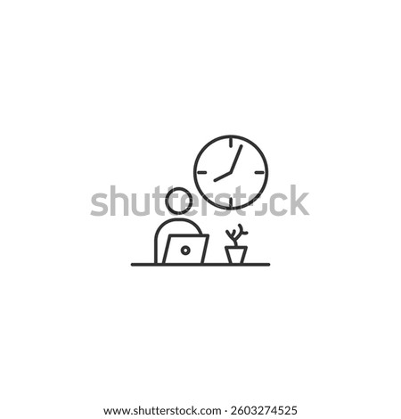 Minimalist vector icon of person working at desk with clock and plant.