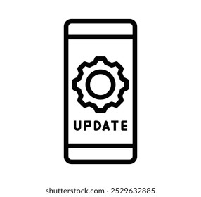 Minimalist vector icon of a phone with a gear symbol, representing system update, app settings, or configuration on mobile devices. Editable stroke