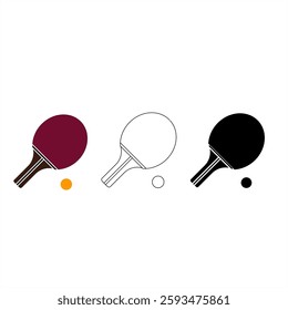 A minimalist vector icon of a ping pong paddle and ball in three styles: colored, outline, and black silhouette. Perfect for sports designs, apps, and table tennis branding.
