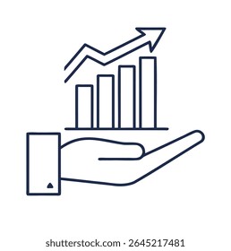 Minimalist vector icon of a raised hand with an upward-trending bar graph inside outline vector with white background. 