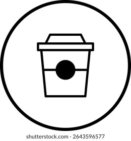 Minimalistisches Vektorsymbol, das eine Einweg-Kaffeetasse innerhalb eines kreisförmigen Rahmens darstellt