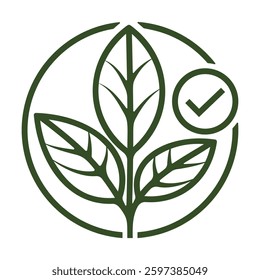Minimalist Vector Icon Representing Organic Skincare With a Leaf and Checkmark Symbol