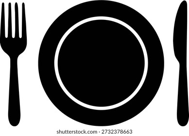 Minimalist vector icon representing a place setting with a plate, fork, and knife, ideal for restaurant menus or food apps.