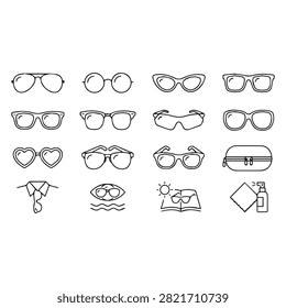 A minimalist vector icon set arranged in a 4x4 grid on a clean white background, showcasing various styles of eyewear and related accessories. The image features uniform, black, medium-weight line art with a professional, clean, and modern graphic design aesthetic. The icons depict a wide variety of glasses including aviators, round-rimmed, cat-eye, square-frame, sporty wrap-around, and heart-shaped frames, along with related items like a protective hard case, a shirt pocket with hanging glasses, a pair of glasses resting on a book under a sun, and a lens cleaning kit with a microfiber cloth and spray bottle. The lighting is flat, with no brights or gradients, emphasizing the clear, crisp edges of the vector line work. The overall mood is organized, functional, and contemporary, suitable for design resource or fashion retail icon pack.