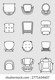 Minimalist vector icon set of chair and seating top-view blueprints.