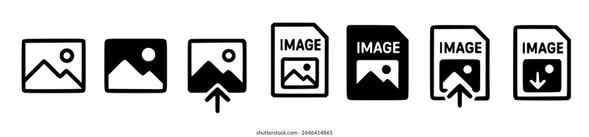 Minimalist vector icon set depicting image related actions and file types. Features include outline and filled image icons, along with variations showing upload and download arrows