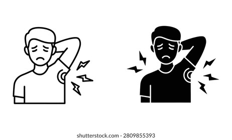 A minimalist vector icon set depicting a person experiencing underarm pain and discomfort with lightning symbols.