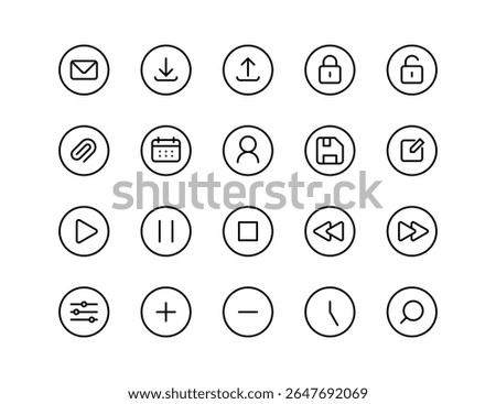 Minimalist Vector Icon Set: Essential UI Icons for Web and App Design – Download, Upload, Lock, Save, Play, Calendar, Settings, Search and More
