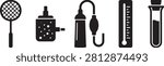 Minimalist vector icon set featuring black silhouettes of laboratory, chemistry, and perfume manufacturing equipment, including a stirring loop mesh paddle, a filtration filter canister, an atomizer spray bulb pump, a thermometer, and a glass test tube flask isolated on a white background.