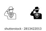 A minimalist vector icon set featuring a formal gentleman in a suit tipping his bowler hat, designed to represent professional greeting or polite service.