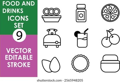 A minimalist vector icon set featuring food and drink items, including pizza, cherries, eggs, juice, jar, toaster, plate, and condiments in editable stroke design