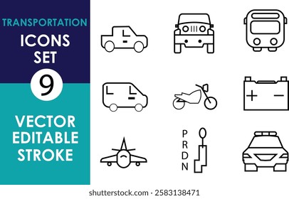 A minimalist vector icon set featuring transportation-themed line art: cars, bus, airplane, motorcycle, battery, gear shift, and taxi. Clean, editable strokes, monochrome style