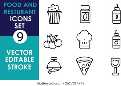 Minimalist vector icon set featuring food and restaurant symbols: muffin, spice jar, ketchup, cherries, chef hat, mustard, cloche, pizza slice, and wine glass