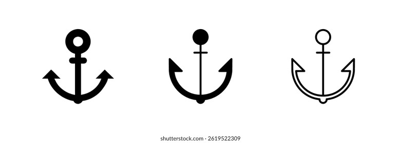A minimalist vector icon set featuring anchors, perfect for nautical, marine, and sailing-themed designs.