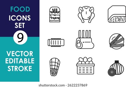 Minimalist vector icon set featuring 9 editable stroke food illustrations: meat cuts, poultry, ham, ribs, cheese, onion, eggs, deli roll, and basket