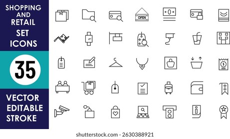 A minimalist vector icon set featuring 35 thin-line shopping and retail symbols, including carts, bags, tags, barcodes, storefronts, hangers, and security cameras