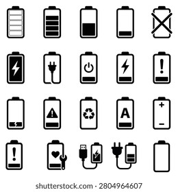 Minimalist vector icon set featuring 20 battery charging and status indicators in black and white. Includes symbols for high, medium, and low battery levels, full charge, lightning bolt power connection, USB plug charging, exclamation alert, recycling symbol, and battery health repair. Ideal for website design, user interface development, and application graphics.