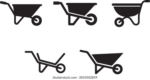 Minimalist vector icon set featuring black silhouettes of different types of wheelbarrows and garden carts isolated on a white background for gardening, construction, and agriculture designs.
