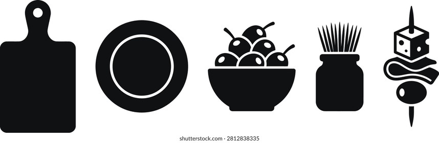 Minimalist vector icon set featuring black silhouettes of kitchen utensils, snacks, and tapas items including a cutting board, plate, bowl of olives, toothpick holder, and a food skewer isolated on a white background.