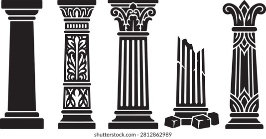 Minimalist vector icon set featuring black silhouettes of architectural columns, pillars, and classical ancient ruins including Doric, Ionic, and Corinthian order capitals isolated on a white background.