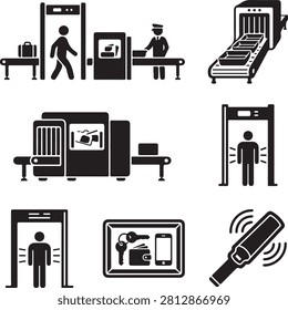 Minimalist vector icon set featuring black silhouettes of airport and building security checkpoint processes, including X-ray baggage scanners, walk-through metal detectors, hand-held detector wands, and trays for personal belongings isolated on a white background.